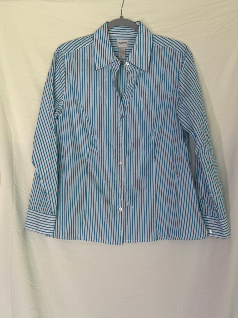 Chico's Blue and White Vertical Stripe Dress Shirt